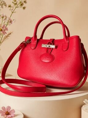 Authentic Longchamp Rozo Red Leather Tote with Top Handles.
